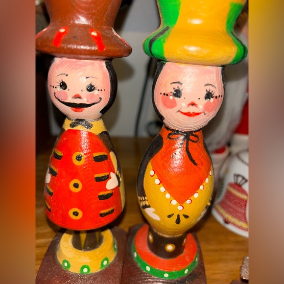 Vintage handmade folk art Christmas candle holders.  Set of 2.  Wooden. - Picture 6 of 6